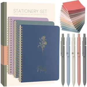 Cute Spiral Notebook Set For Women,  Journal Set, 3 Pack A5 Spiral Notebook + 5 count Gel Pens + 600 Sticky Notes +  Box, Aesthetic  Set for Work Students School Office Supplies
