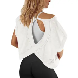 Women's Open Back Oversized Backless Athletic Short Sleeve T-Shirt Baby Tee for Gym Fitness Training Daily Sport