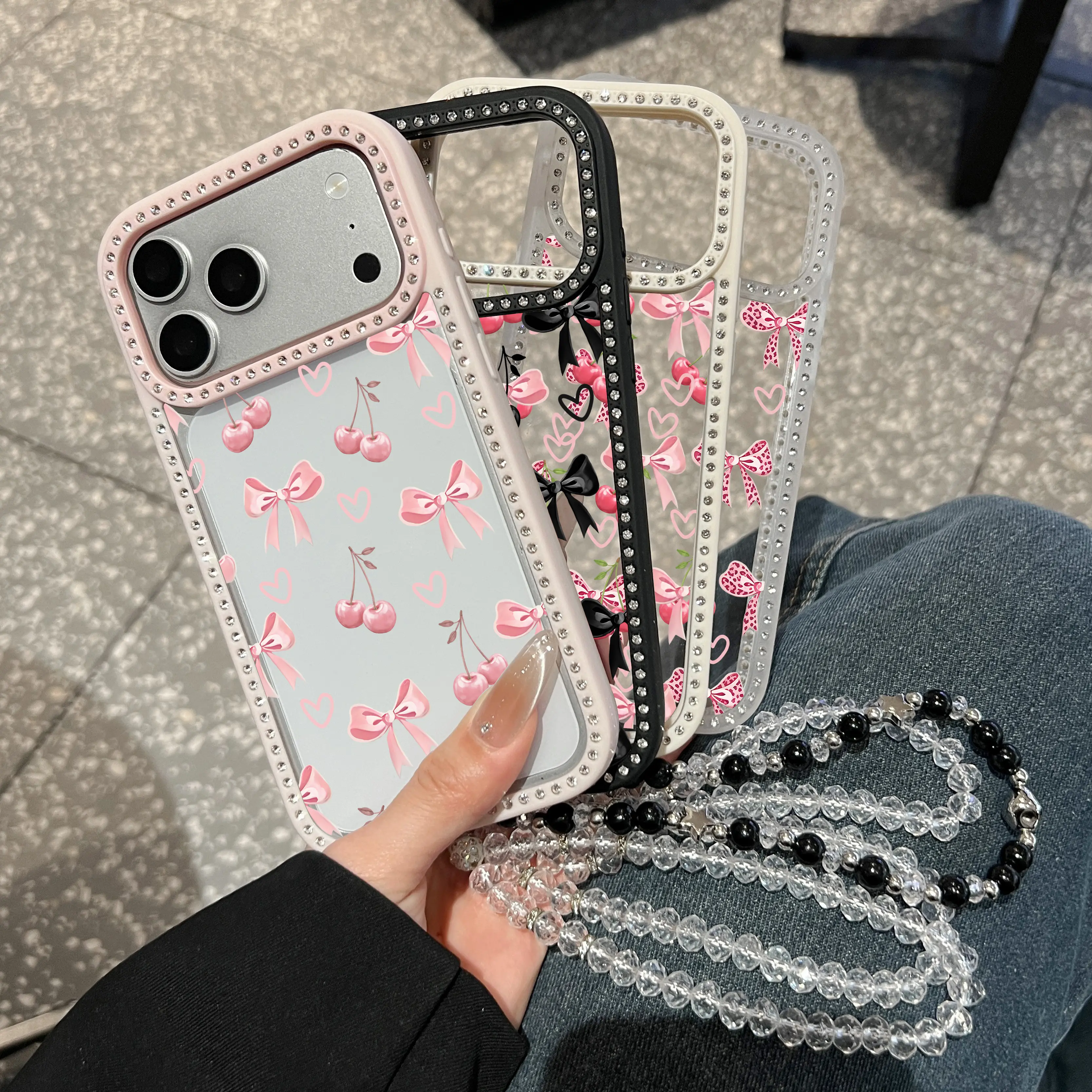 Aesthetic Bow & Cherry Rhinestone Diamond-Encrust Phone Case for iPhone Series (17Pro Max, 16Plus, 15,14,13,12,11), 3-in-1 Double-Sided Design, Shockproof Drop Protection, Durable Silicone Cover, Cute Phone Accessories, Girls Gift