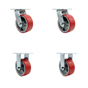 Service Caster SCC-30CS520-PUB-RS-2-R520-2 Heavy Duty Swivel Caster with 5 in. Red Polyurethane on Cast Iron Wheels & Ball Bearings - 4000 lbs Total Capacity - Set of 4