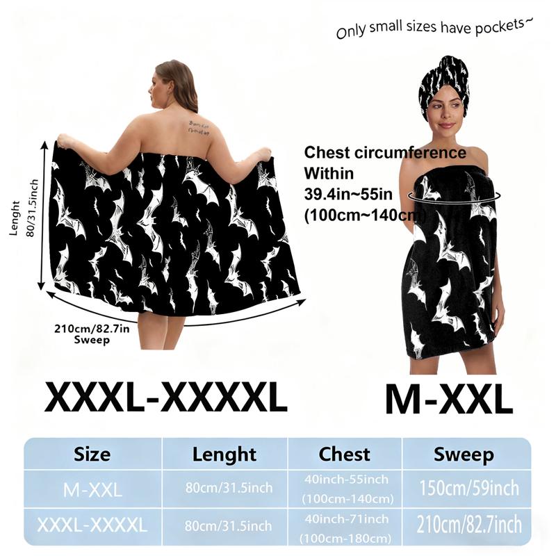 XXXXL plus-size bathrobe set, Halloween bat series, suitable for women, absorbent hair wrap towel for after bathing, spa, and swimming pool. A must-have for home/travel.