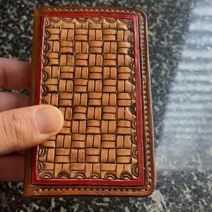 Leather Tooled Slim Wallet with Intricate Basketweave Design and Red Accents for Stylish Everyday Use