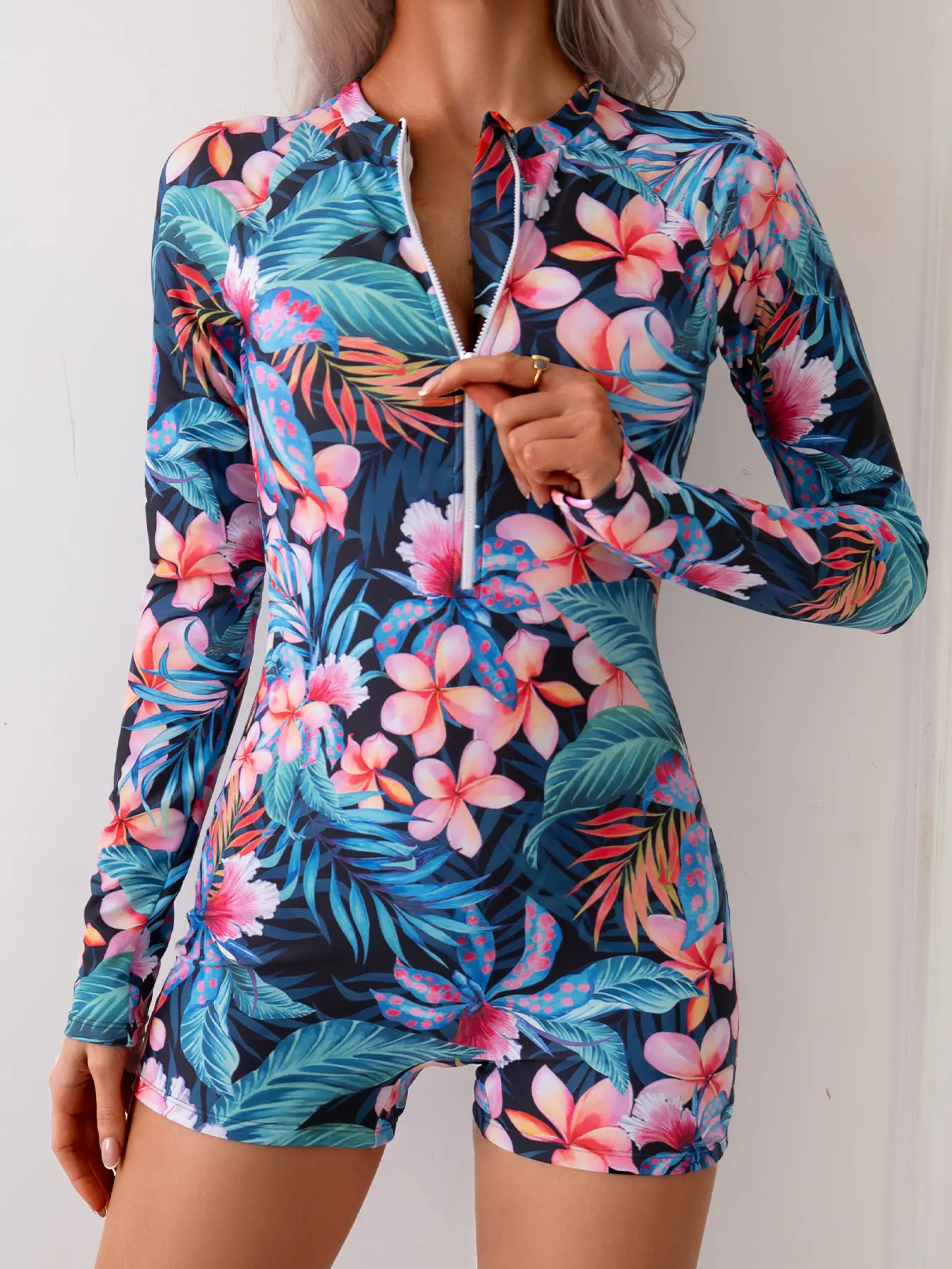 Women's Tropical Floral Rash Guard Swim Dress, Long Sleeve Zip Front One Piece Swimsuit with Built In Shorts, UV Sun Protection Swimwear, Modest Printed Bathing Suit for Beach, Surfing, Snorkeling, Resort, Cruise and Pool