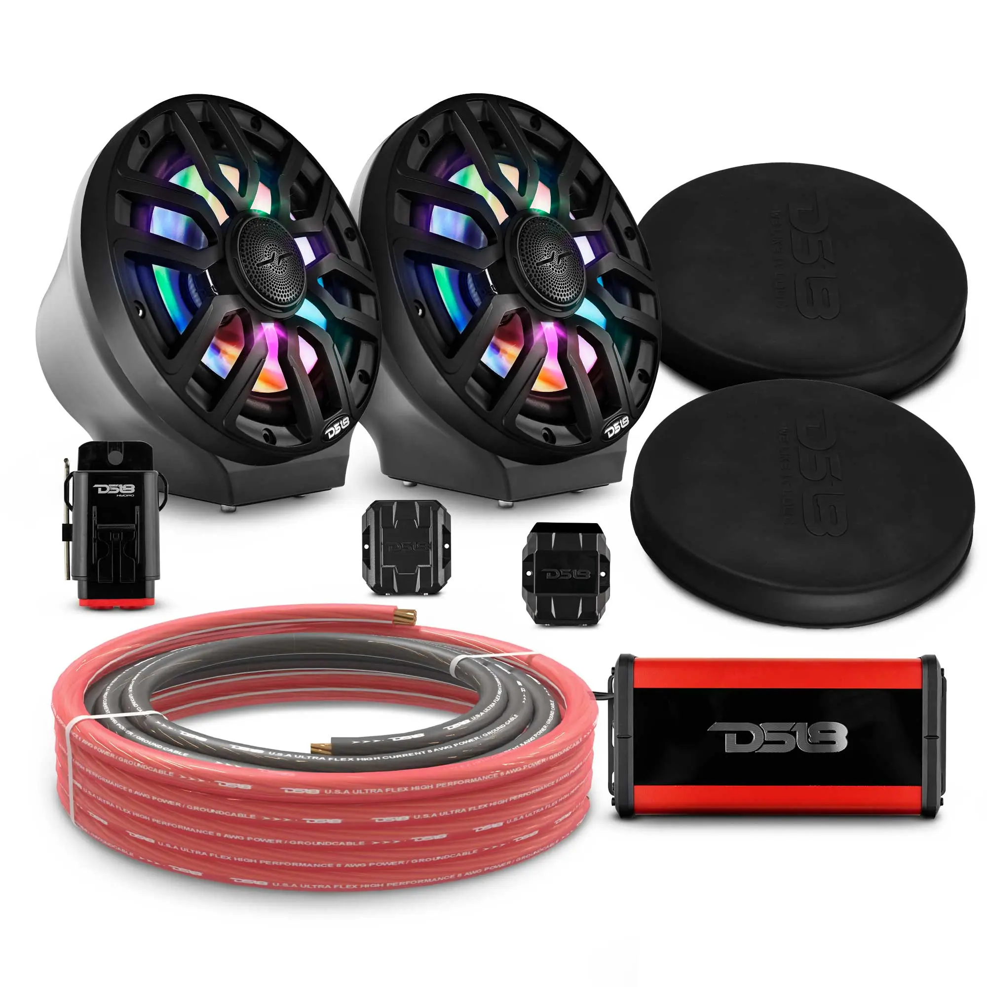 8" High Wattage NXL Series Loaded Flat Mount Speaker Pods with Amplifier, Installation Kit, Digital LED Lights – Audio Upgrade Package for Can-Am Spyder, Ryker