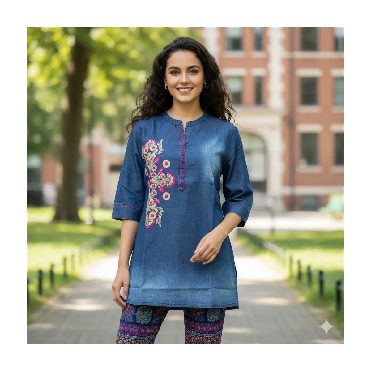 Denim Kurti with Gold & Fuchsia Embroidery Top-19 3/4 Sleeve Ethnic Fusion Top Size 38 & 44 Available for Summer Wear