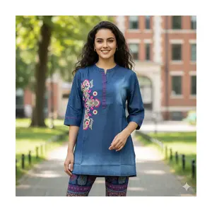 Denim Kurti with Gold & Fuchsia Embroidery Top-19 3/4 Sleeve Ethnic Fusion Top Size 38 & 44 Available for Summer Wear