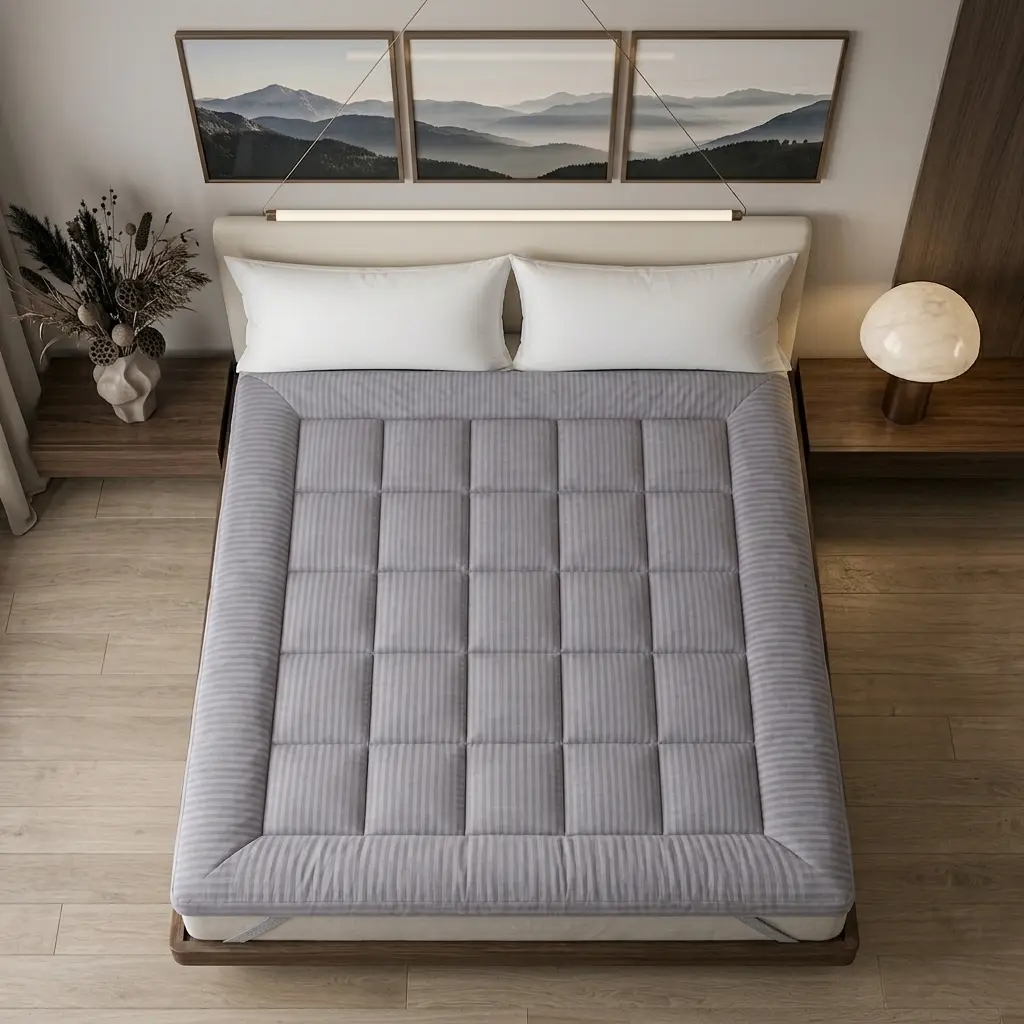 4 Inch (10 cm) Mattress Topper, Extra Thick Quilted Pillow Top Mattress Pad, Gray Striped Design, Plush Breathable Bed Topper, Deep Pocket Fit