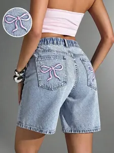Teen Girls Y2K Light Stonewashed Summer Casual Bow Embroidered Baggy Denim Jeans Long Shorts, Boho Bohemian Beach Concert Rave Festival Wear