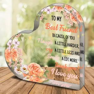 Acrylic Heart Shaped Plaque, 1 Count Flower & Letter Pattern Ornament, Friendship Gift for Women, Bestie Gifts for Friend, Home Decor, Memorial Gift