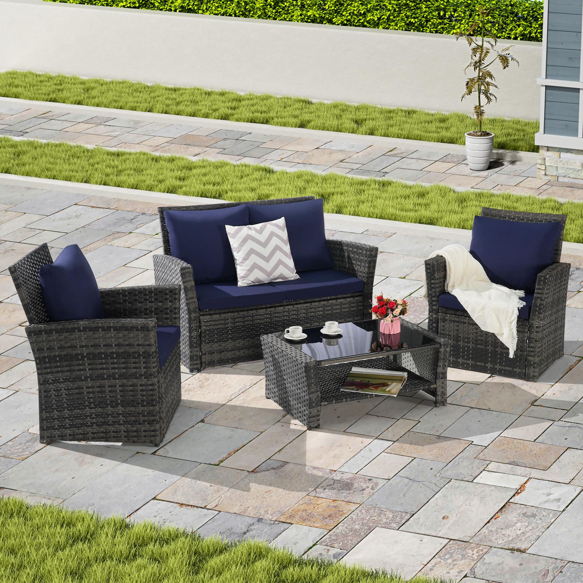 Outdoor Patio 4-Piece Rattan Wicker Furniture Set, Garden Poolside Lawn Chairs with Tempered Glass Coffee Table Porch Seating, Dark Gray/Dark Blue
