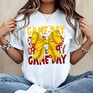 Game Day Yellow Bow Softball Design T Shirt Women Casual Short Sleeve Top Fashion Graphic Tee For Sports Fans