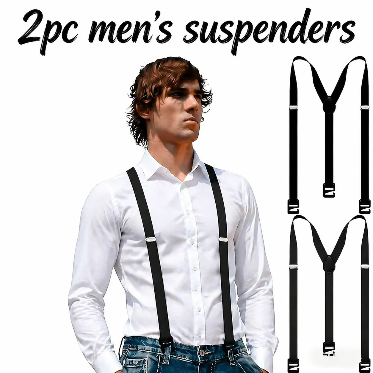 2 Pack Men's Adjustable Suspenders, Elastic Black Suspenders with Secure Buckles, Stretch Straps for Daily Wear and Outdoor Activities