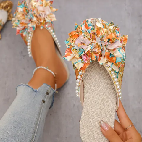 Elegant Women's with Cute Flower Decorations, Pearl Accents, Random Floral Prints, Round Toe Slip-Ons for Beach Vacation Office School, Fashionable Floral Sandals