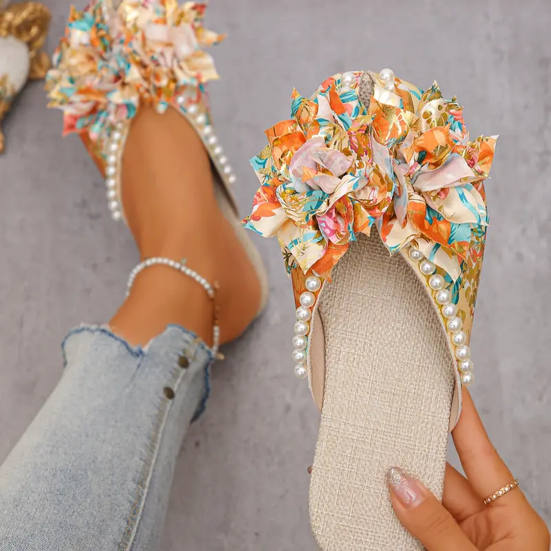 Elegant Women's with Cute Flower Decorations, Pearl Accents, Random Floral Prints, Round Toe Slip-Ons for Beach Vacation Office School, Fashionable Floral Sandals