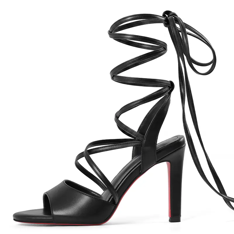 Women's Custom Made Black Lace-Up Ankle-Wrap Red Sole Stiletto Heels - Open Toe Adjustable Strap Sandals, Chic Classy Summer Shoes for Wedding, Club, Classy Sandals, Strappy