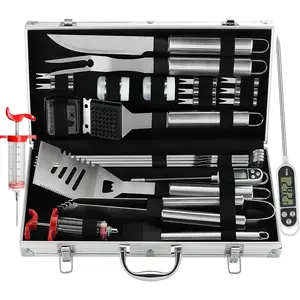 24 count BBQ Grill Tools Set with Meat Thermometer and Injector - Extra Thick Stainless Steel Fork, Spatula& Tongs - Complete BBQ Accessories in  Case -  Grill Gifts for Men