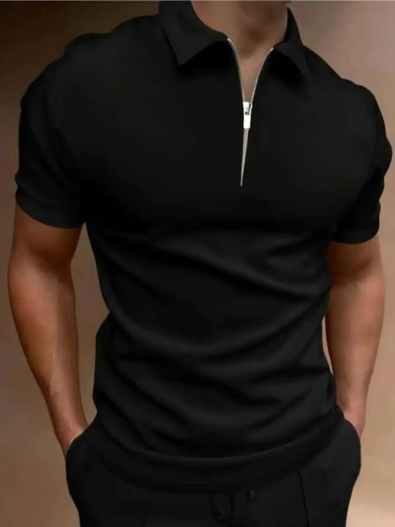 Men's Solid Zipper Shortsleeve Polo Shirt, Menswear Plain Summer Clothes, Regular Fit Casual Short Sleeve Top for Summer, Men's Streetwear Top for Bus