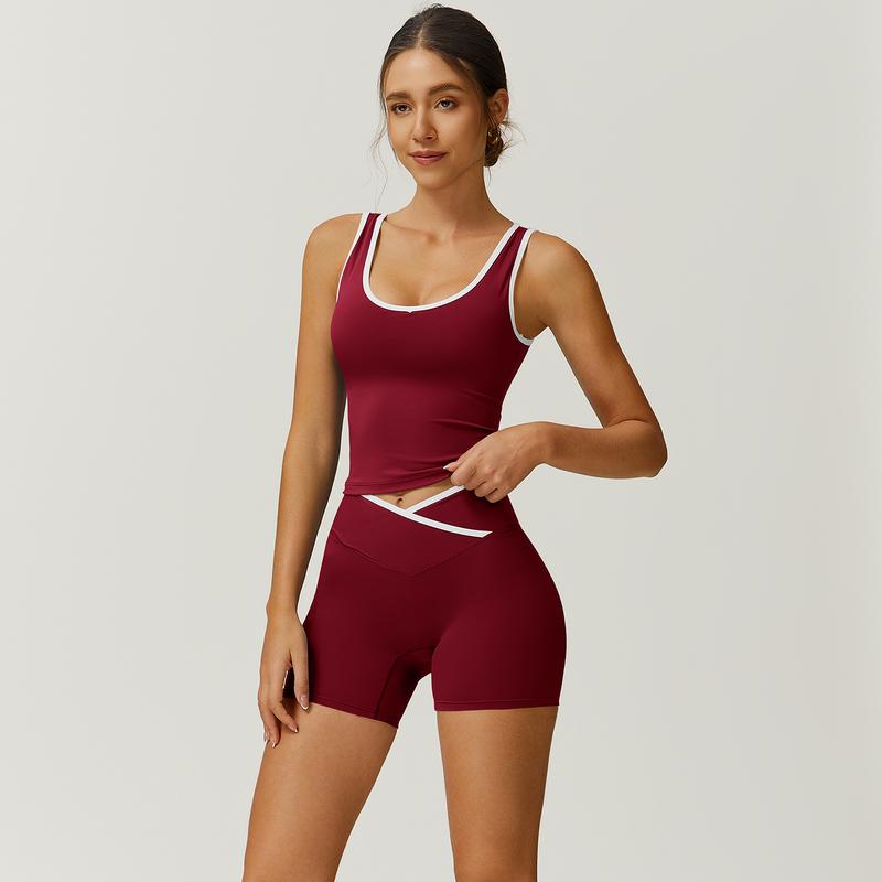 TimeOFF Color-Blocked Halter Crop Tube Top & Mid-Rise Shorts Set, Deep V-Back Cutout & Contrast Binding, Solves Stylish Support & Flattering Fit Need for Yoga, Fitness Classes & Active Lifestyle Scenarios,comfort sweat set,loungesetwomen,sweatsuits women
