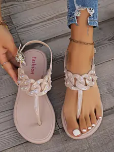 Unique Chain Design Water Drill Decoration, Soft Sole Shock Absorption Comfort, Rhinestone Embellished Sparkling Eye-Catching, Adjustable Back Strap