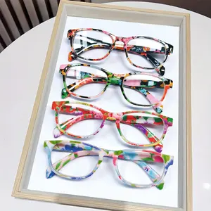 4-piece set of popular classic reading glasses, fashionable women's glasses blue light-blocking computer glasses, spring hinge reader, fashionable floral pattern printing, 0 to +4.0, colorful retro square frame, festival gift, birthday gift
