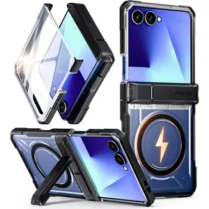 for Samsung Galaxy Z Flip 7 Case,[Hinge Protection] [MagSafe Compatible] [Tempered Glass Screen Protector] Full-Body Rugged Shockproof Protective Phone Cover with Kickstand, Black/Clear