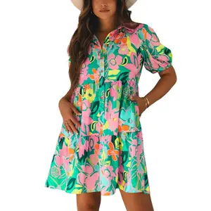 Asvivid Women's Floral Printed Collared Neck Puff Sleeve Mini Dress Buttoned Babydoll Casual Dresses Womenswear