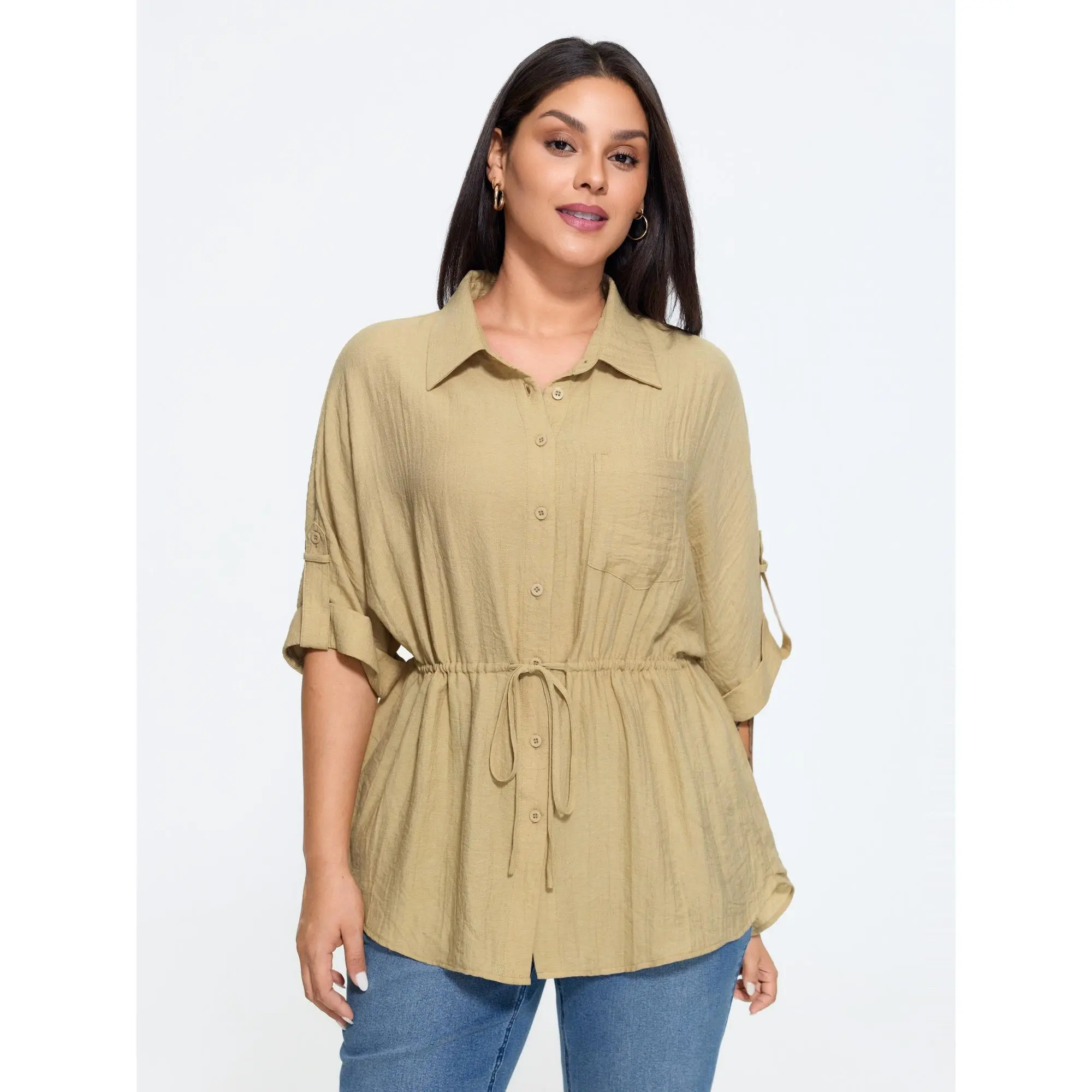 BloomChic Plus Size Roll Tab Sleeve Drawstring Waist Blouse[M-6X] 2026 Summerfinds, Smooth, Linen, Pocket, Garment, Shortsleeve, Basic, Fabric, Fit, Tops
