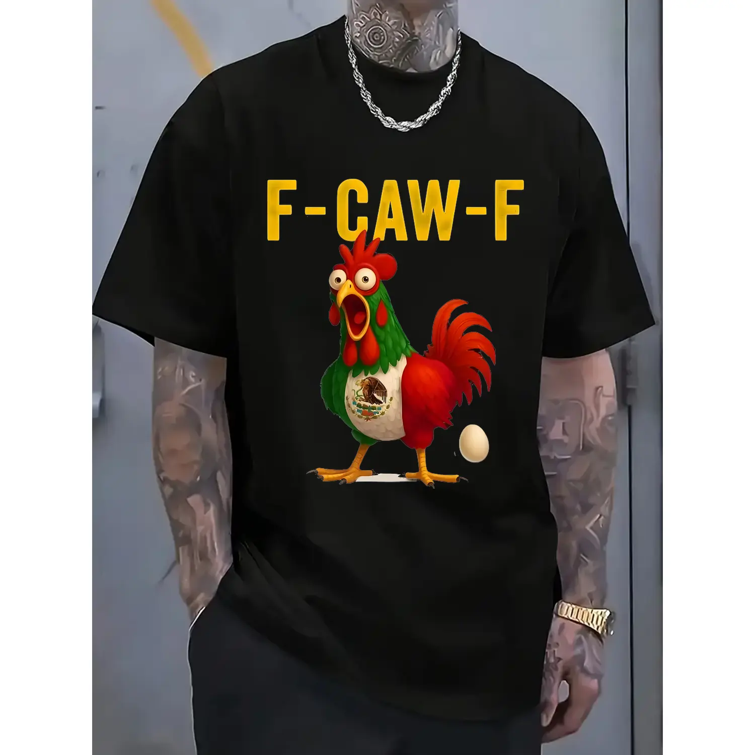 Cotton T-shirt Humorous F-Caw-F Chicken Mexico FCAWF Graphic Tee for Men Daily Casual Comfortable Fit Breathable 100 Percent Cotton Round Neck Short Sleeves Summer Fashion Cotton T-shirt Streetwear Top