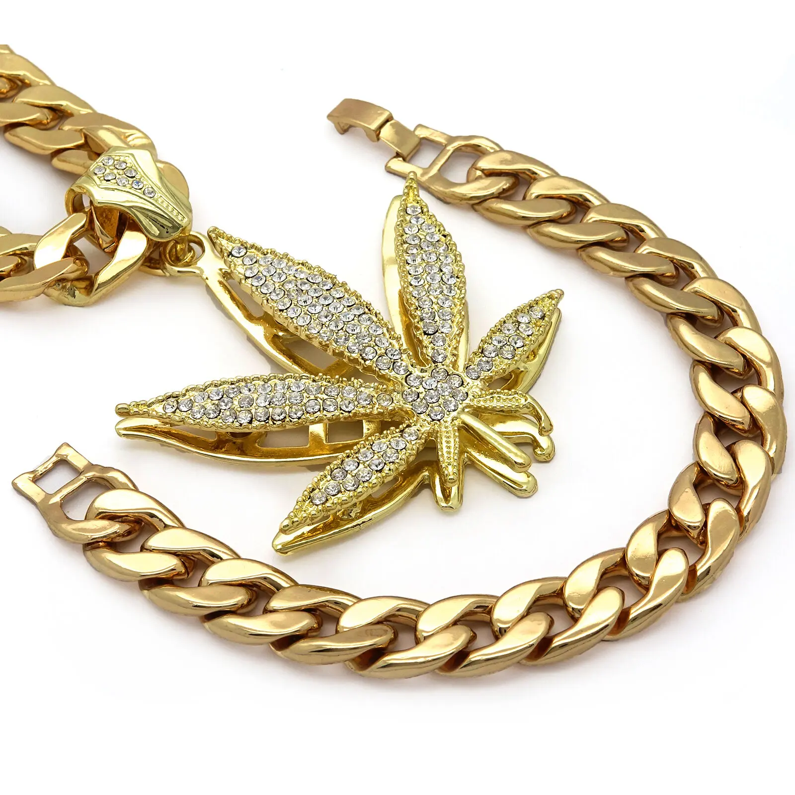 MaxBling81 Large CZ Weed Leaf Motif Pendant Set - 10mm 30" Cuban Chain Link Chain Jewelry Necklaces, Unisex Hip Hop Bracelet, Boyfriend Gift, Fashion Costume Accessory, Gold Set, No Warning Applicable, Hip Hop Jewelry, Metal Coating, 50Mm X 50Mm