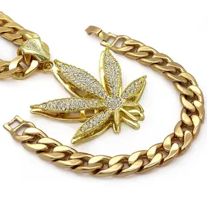Large Weed Leaf CZ Pendant & 10mm 30" Cuban Chain Hip Hop Style Necklace & Bracelet Gift Set Fashion Jewelry