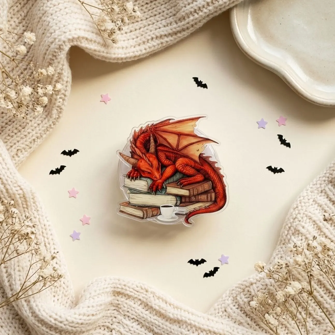 Fantasy Red Dragon Book Stack Acrylic Phone Grip Holder, Expandable Phone Stand for Smartphones & eReaders, Bookish Fantasy Accessory