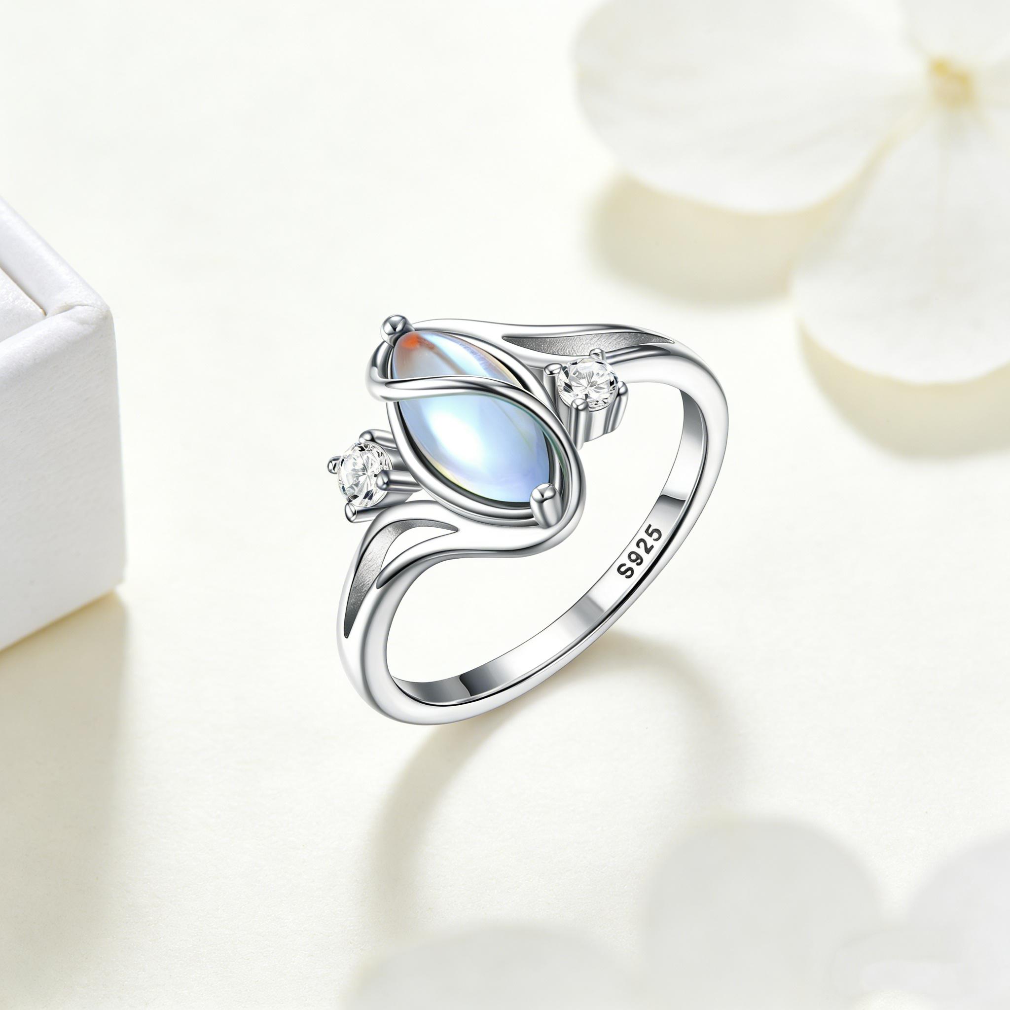 HXS 925 Sterling Silver Moonstone Ring That Glows Like Magic