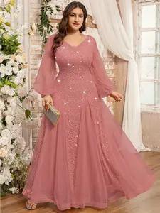 MISSMAY P24470A Plus Deep V-Neck Sequin Floral Lace Contrast Mesh Mermaid Ruffle Hem Evening Party Dress, Chic Elegant Prom Formal Wear Wedding Guest Dress, Spring Dress, For Graduation, Birthday, Homecoming