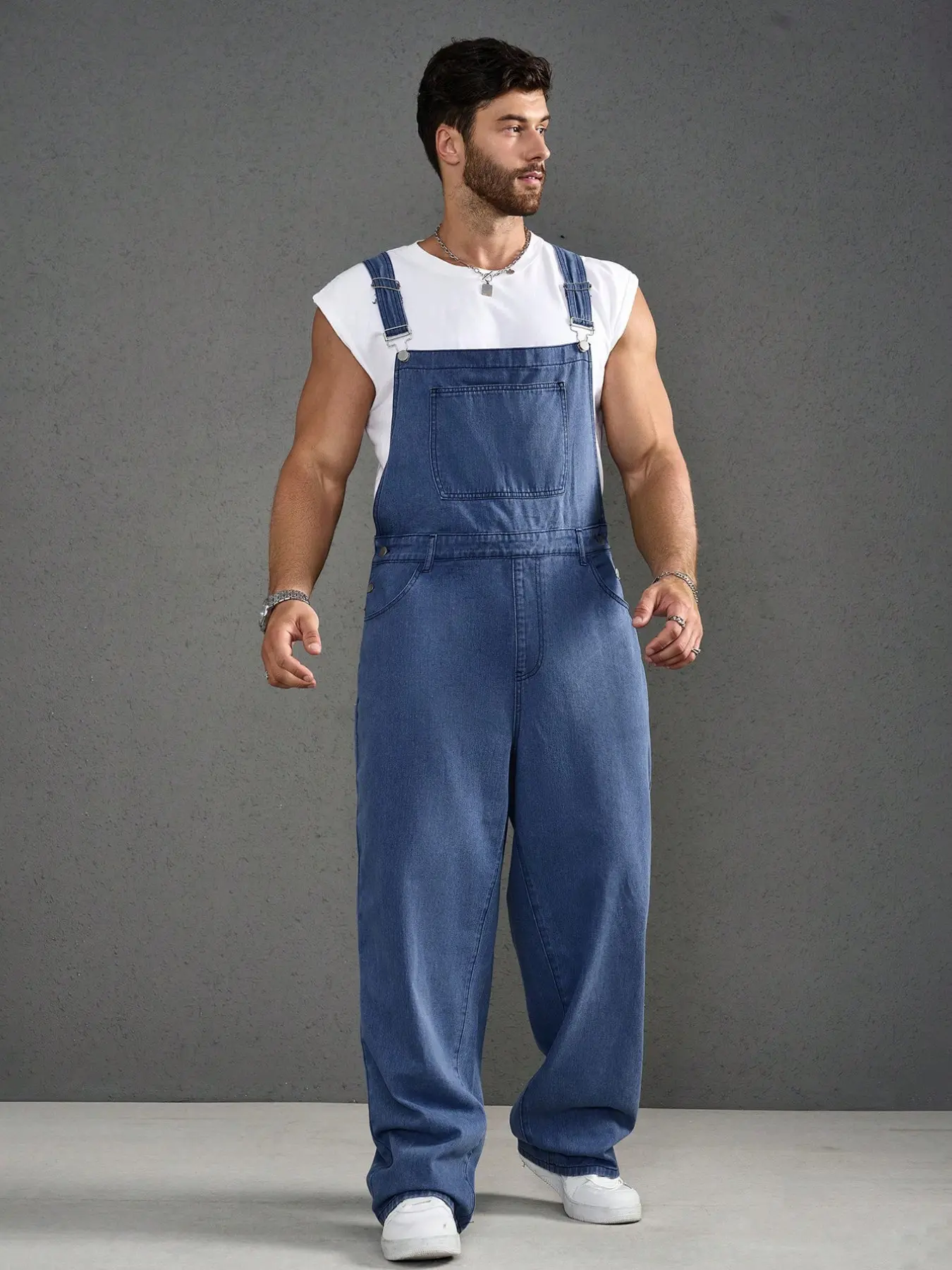 Men's Plus Size Casual Basic Denim Bib Overalls Pants, Comfortable and Stylish, Perfect for Everyday Wear, Ideal for All Seasons