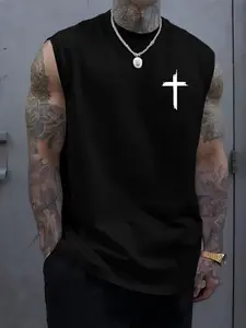Men's Cross Print Graphic Round Neck Tank Top, Casual Loose Fit, Loose Casual Sleeveless Top for Summer, Fashion Men's Clothes for Daily Wear, Vests, Menswear