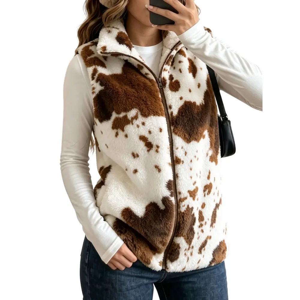 Dokotoo Women's Faux Fur Fleece Vest Zip-Up Sleeveless Stand Collar Lightweight Casual Leopard Print Autumn Winter