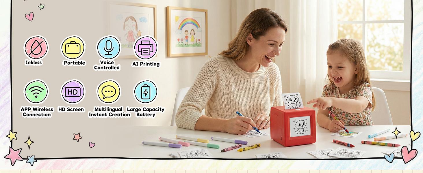Children's AI Sticker Drawing Machine, featuring voice-to-image conversion, portable cartoon drawing maker, instant thermal paper output, creative toy set, includes 3 rolls of thermal paper and 2 rolls of stickers.