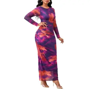 Elegant Women's Tie-dyed Mesh Crewneck Long-sleeved Dress Ruched Waist Gradient Color Temperament Maxi Bodycon Dress Slim Fit for Women Autumn Casual Daily Beachwear Party Lounge Office Outfit Chic Fashion Basic Minimalist Womenswear