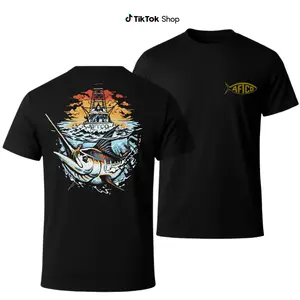 AFTCO Marlin & Boat Graphic T-Shirt 2 Sides, Bold Offshore Fishing for Saltwater Enthusiasts, Breathable Cotton Tee, Ideal Gift for Anglers, Casual Crew Neck T-Shirt