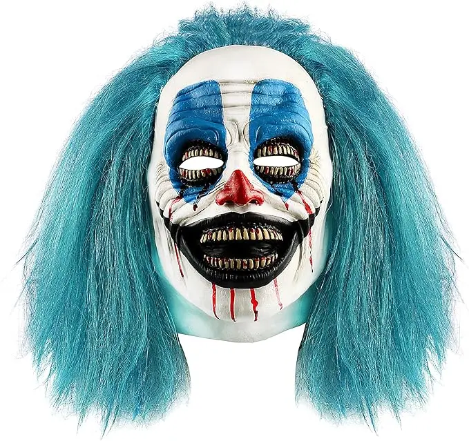 Scary Adult Clown Mask Masquerade Halloween Laughing Killer Joker Costume Prop with Blue Hair Latex Material for Mardi Gras and Costume Parties