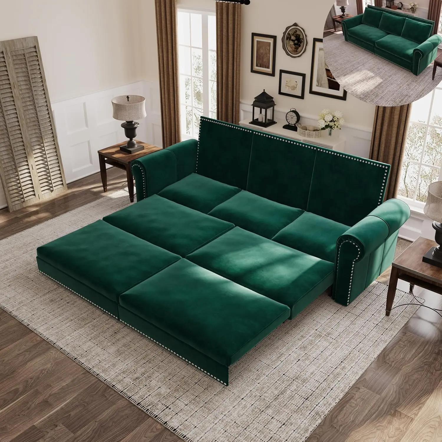 94" 7-in-1 Chesterfield Sofa Bed, King Pull Out Velvet Sleeper Sofa with Rolled Arms & Nailhead Trim, Upholstered 3-Seater Couch for Living Room, Bedroom or Office, Emerald Green