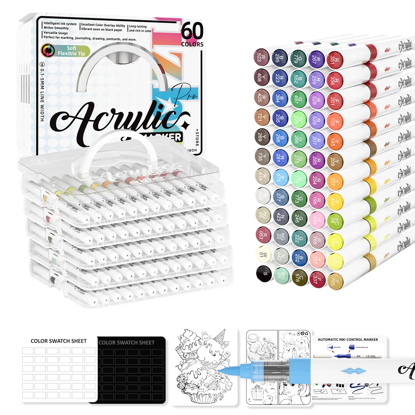 Automatic Ink Control Acrylic Paint Markers, 36/48/60 Colors Brush Tip Acrylic Paint Pens for Rock Painting, Ceramic, Wood, Canvas, Glass, Stone, Fabric, Card Making, DIY & Art Supplies modelpaintingmarkers,Pastel,Metallic