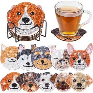 10-Piece Animal Pattern Diamond Painted Wooden Coasters Set, DIY Creative Diamond Painting for Home Decor, Festive Decoration