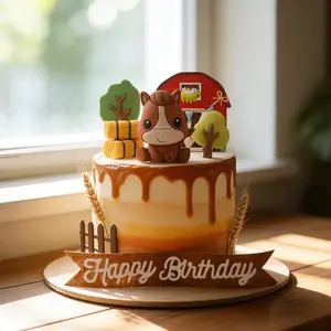 Farm Horse Theme Cake Decoration, Soft Gel Cartoon Horse Barn Fence Insert, Children Birthday Party Dessert Table Decor