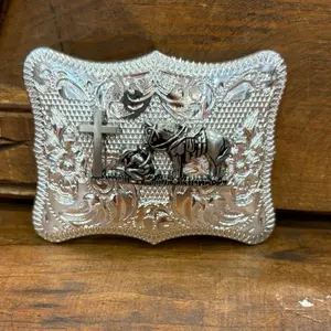Horse and cross Belt Buckle Silver