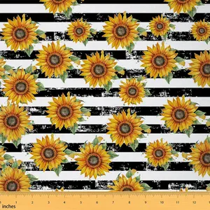 Sunflower Upholstery Fabric for Chairs,5 Yards,Yellow Floral Stripe Print Fabric by The Yard,Blossom Flowers Pattern Decorative Fabric