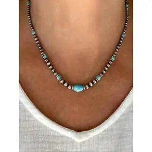 Soft Spark Women's Vintage Turquoise Necklace Set, Western Country Style Earrings Jewelry, Silver Color Beaded Accessory, Elegant Fashion Accessories