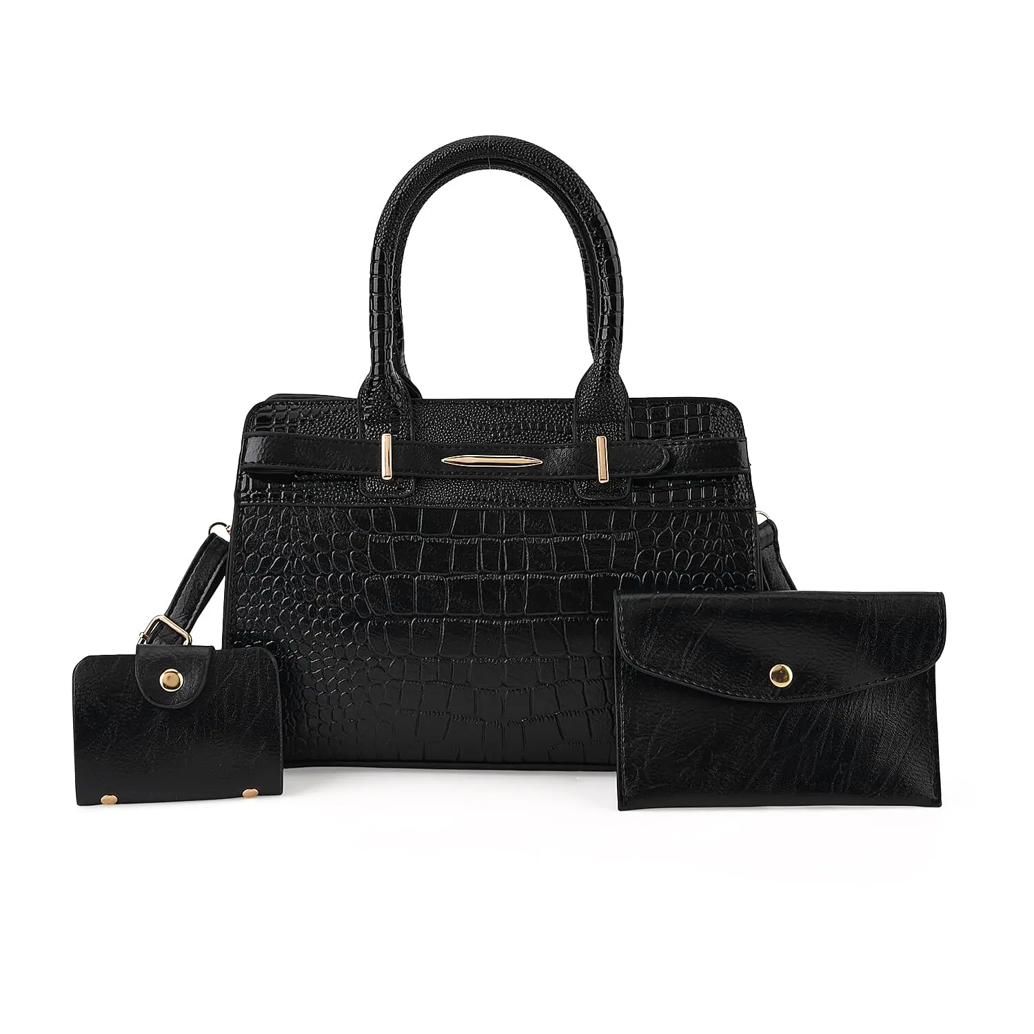 Passage Black 3pcs Set Multi Pocket Tote Bag (11.8"x4.3"x8.3) and Wristlet