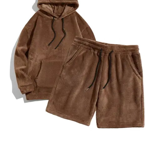 Men's 2-piece autumn and winter hooded sweatshirt with drawstring shorts set. Soft fleece material, loose and comfortable fit. Casual Sporty sportswear suits suitable for autumn and winter, as well as couple's daily home wear