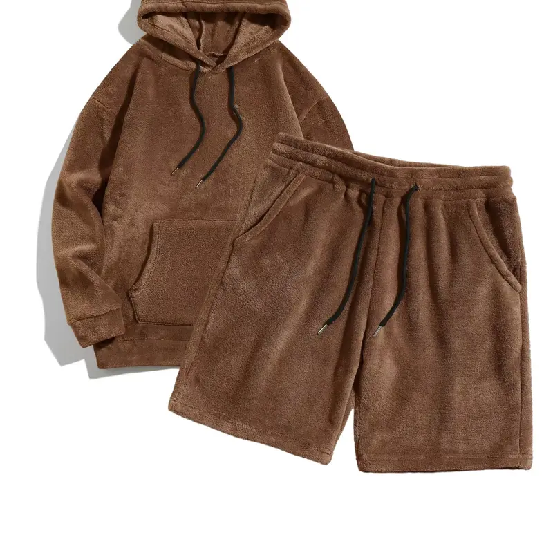 Men's 2-piece autumn and winter hooded sweatshirt with drawstring shorts set. Soft fleece material, loose and comfortable fit. Casual Sporty sportswear suits suitable for autumn and winter, as well as couple's daily home wear